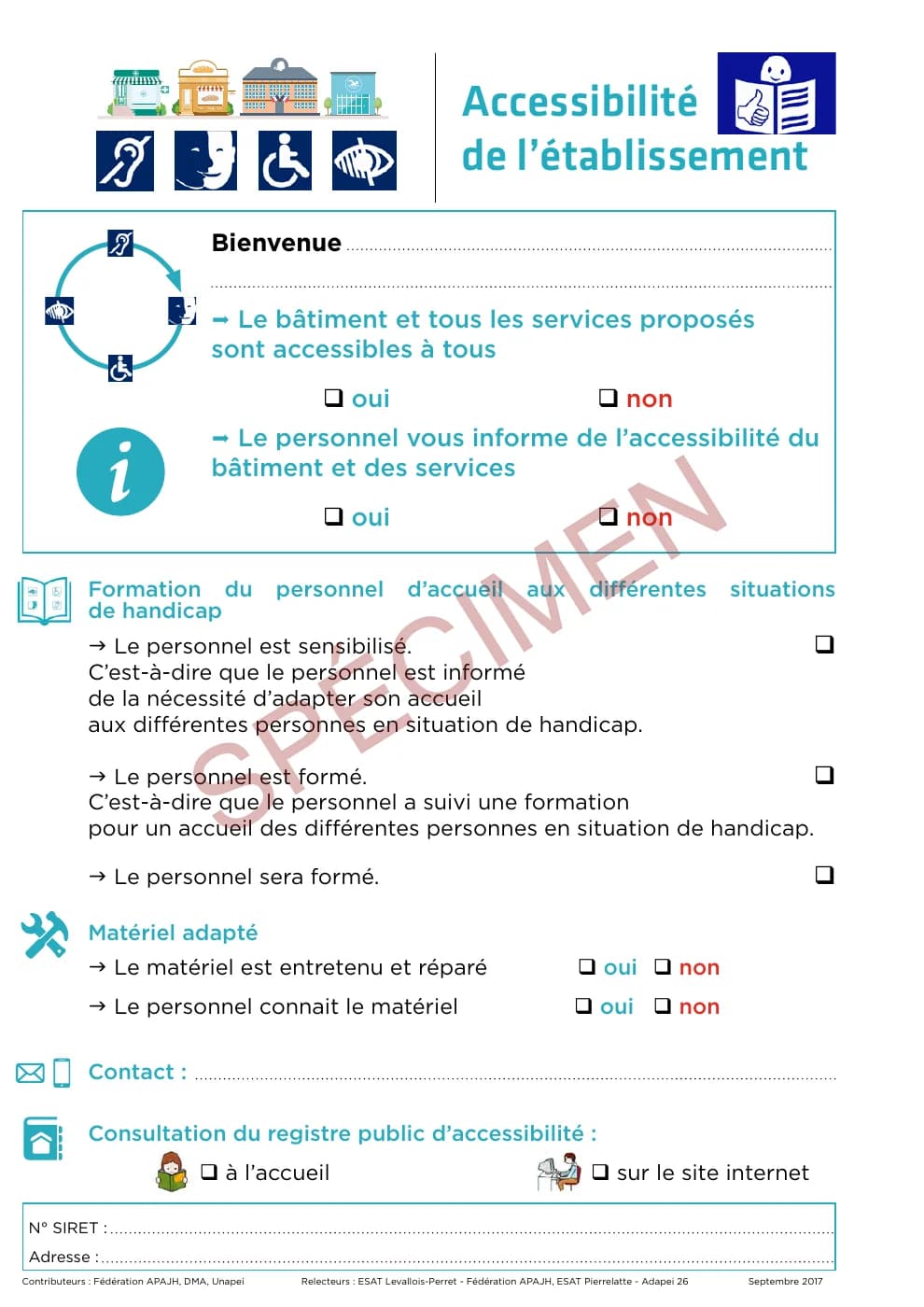 Première page du PDF livré : Registre d’accessibilité : fiche de synthèse, aperçu filigrané