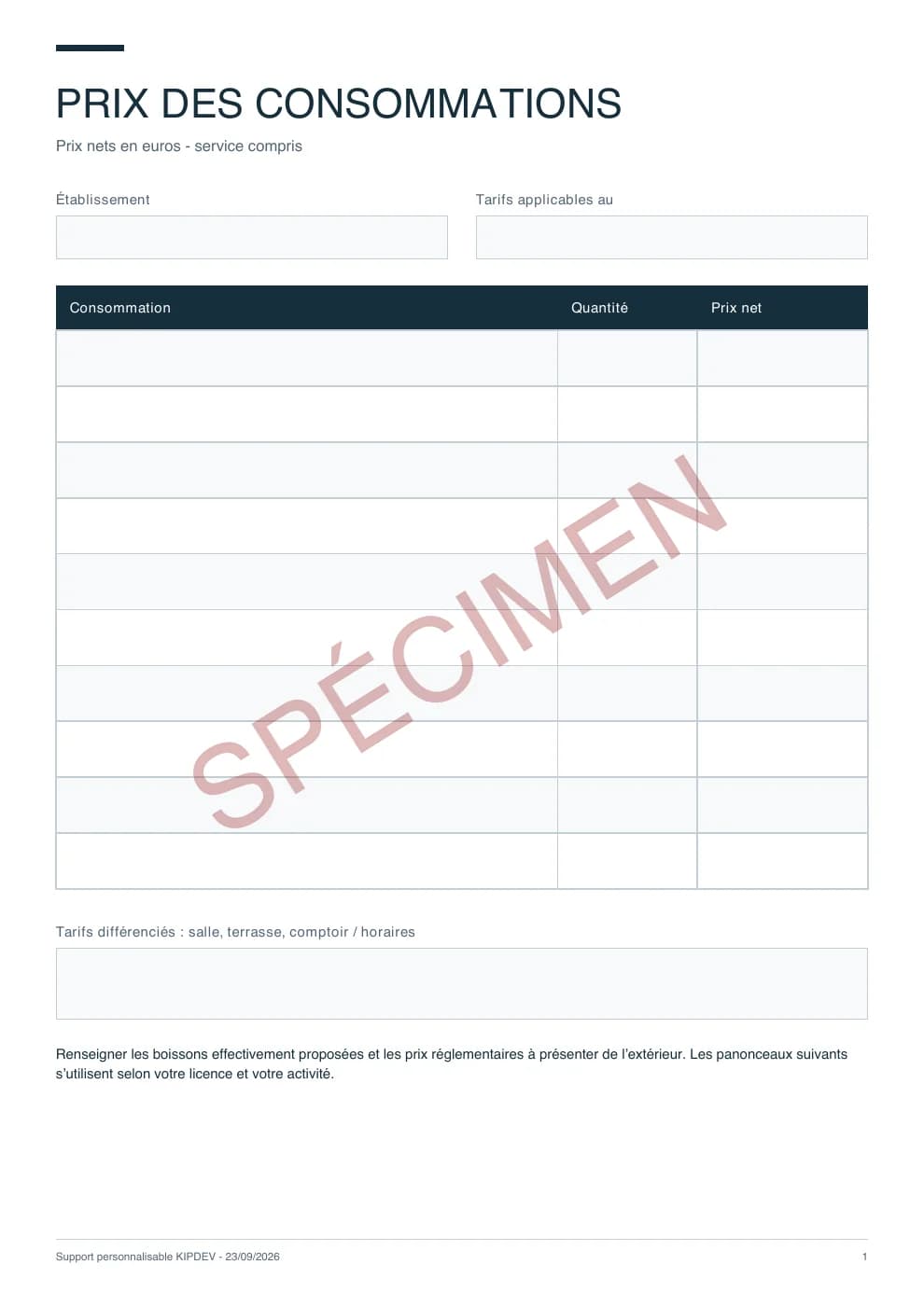 Première page du PDF livré : Licence, prix & éthylotests, aperçu filigrané