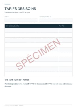 Spécimen du PDF : Tarifs esthétique + note