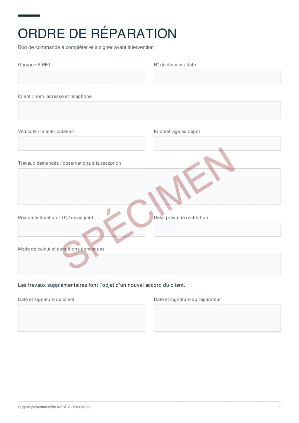 Première page du PDF livré : Formulaire d’ordre de réparation, aperçu filigrané
