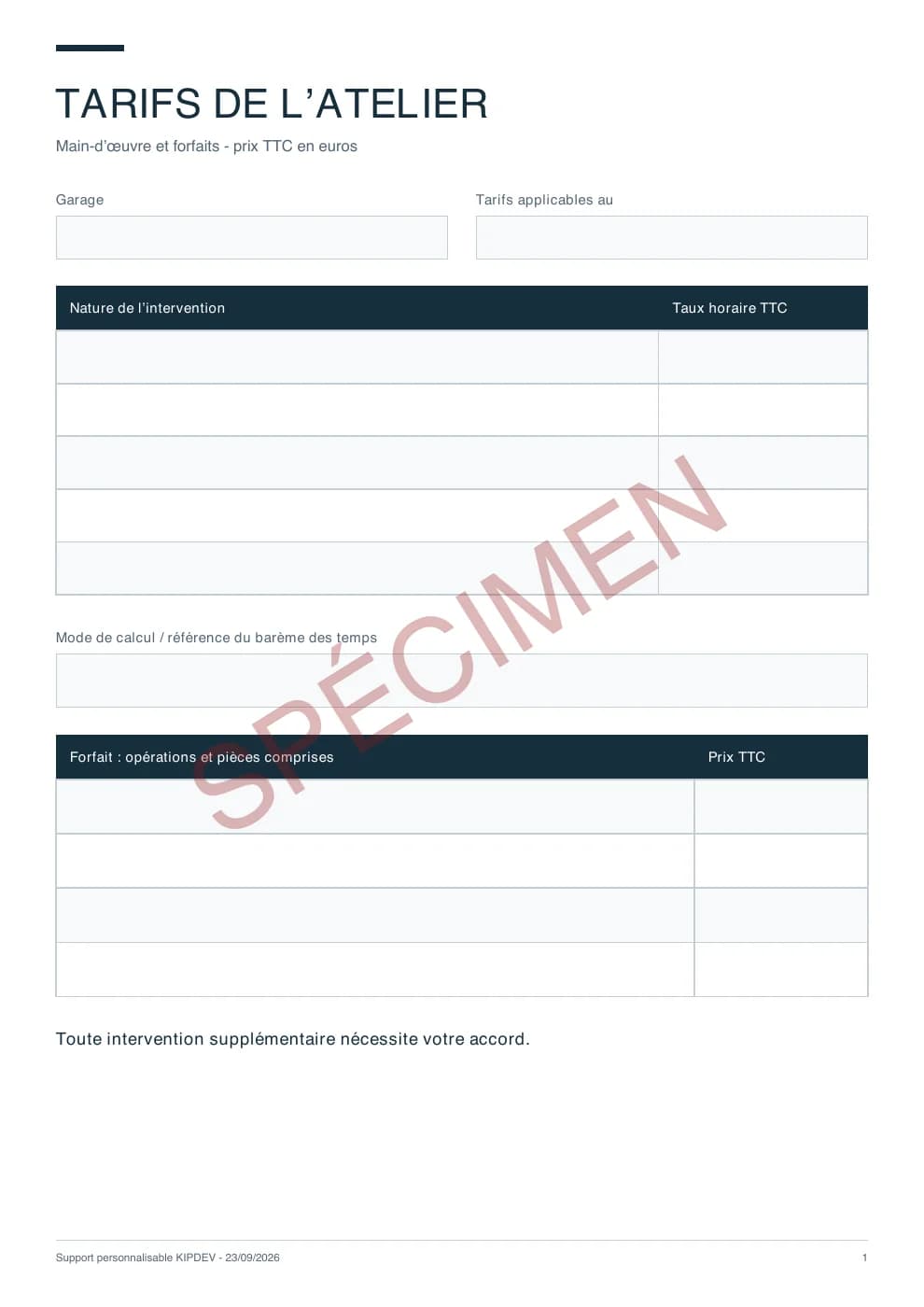 Première page du PDF livré : Taux horaire garage, aperçu filigrané