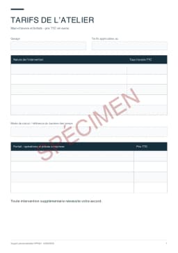 Spécimen du PDF : Taux horaire garage
