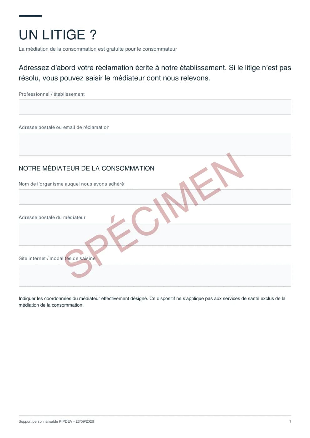 Première page du PDF livré : Médiation de la consommation, aperçu filigrané