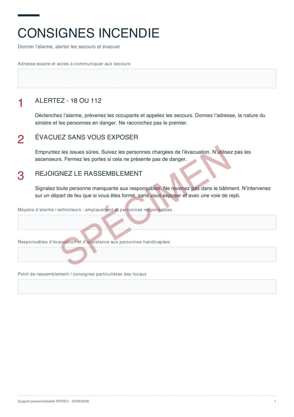 Première page du PDF livré : Sécurité incendie & secours, aperçu filigrané